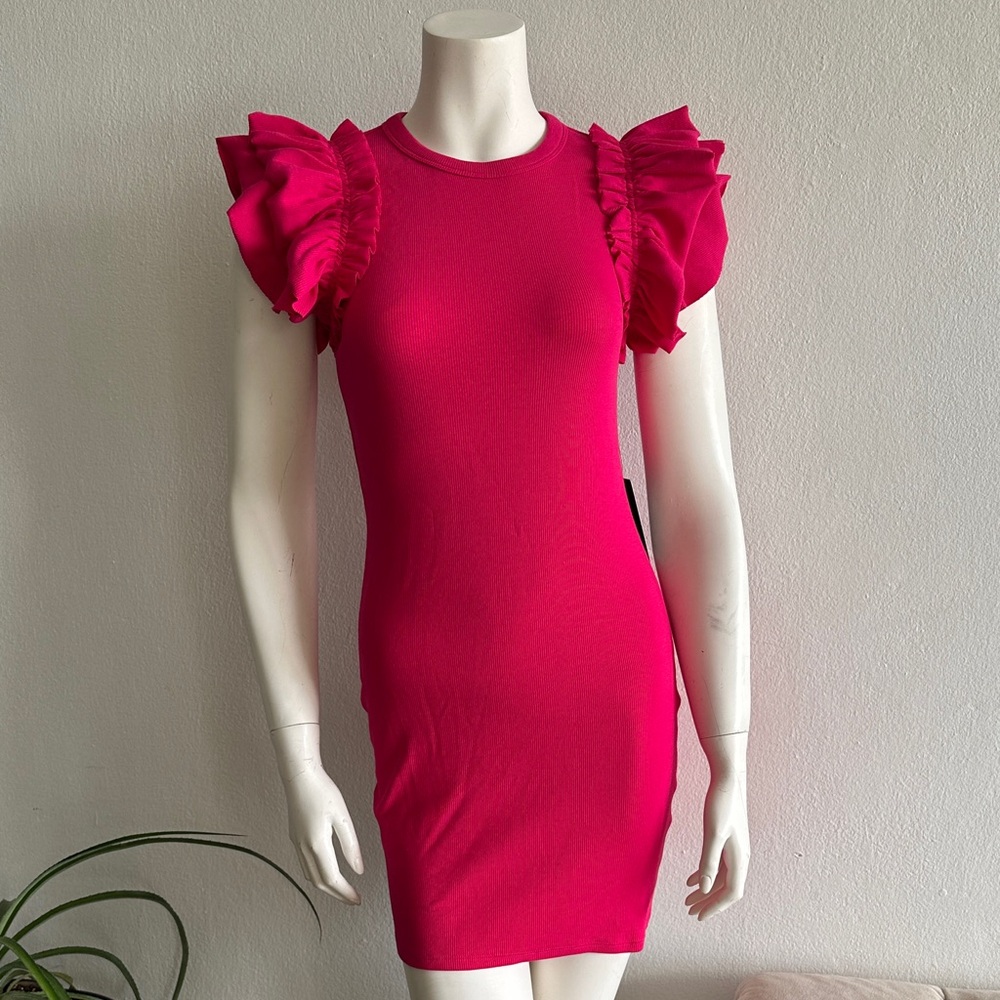 NWT Express Fuchsia Knit ruffled sleeves dress, XXS